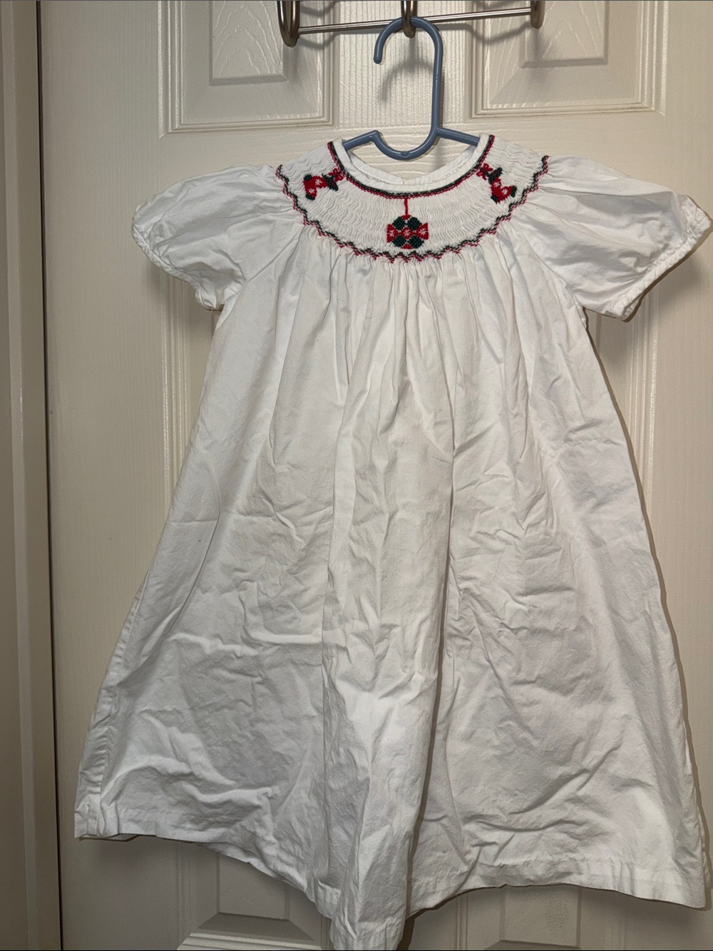 White Smocked Girls' Dress with Red & Green Embroidery